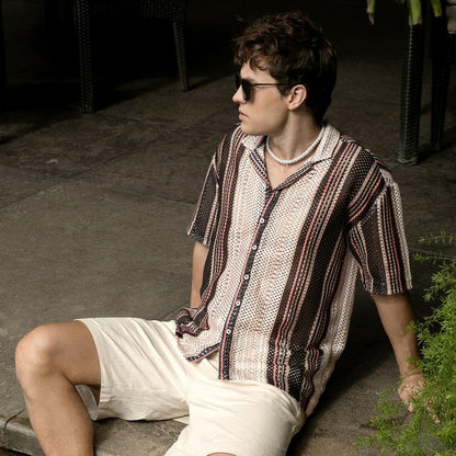 Campus Sutra Mens Multicolour Multitrack Knit Oversized Shirt for Casual Wear | Cuban Collar | Short Sleeve | Button Closure |