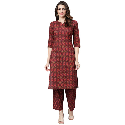 idaLia Maroon Printed Kurta Set