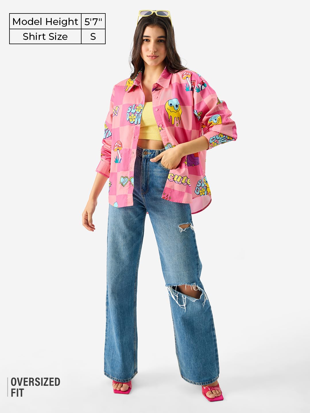 The Souled Store Slow Down Long Sleeve Collared Button Down All Over Print Oversized Fit Cotton Boyfriend Shirt for Women & Girl
