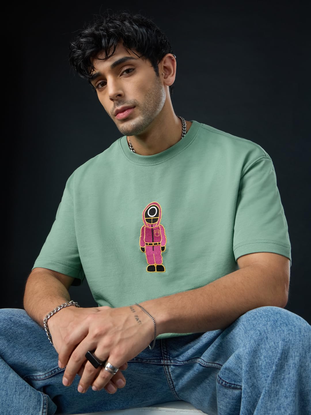 The Souled Store Squid Games: Soldier Men and Boys Short Sleeves Round Neck Green Embroidered Cotton Oversized T-Shirts