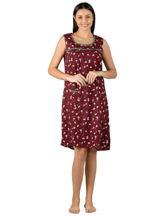 Evolove WomenS Viscose Liva Knee Length Short Night Gown Nighty Dress With Pocket, Super Soft Comfortable (Maroon White & Grey,