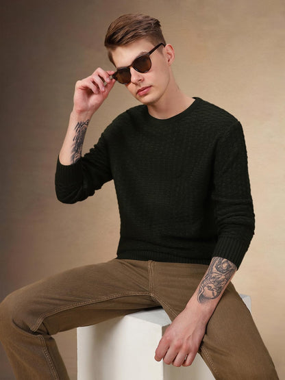 Dennis Lingo Men Solid Acrylic Regular Fit Full Sleeves Pullover Sweater Olive