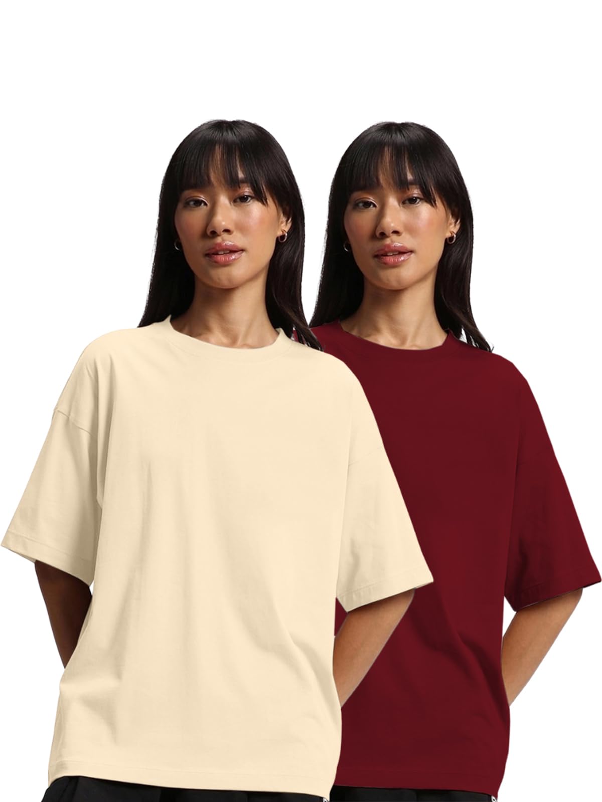 JUNEBERRY Pure Cotton Drop Shoulder Oversized Baggy Fit Half Sleeve Plain Solid Round Neck Multicolor T-Shirt for Women & Girls