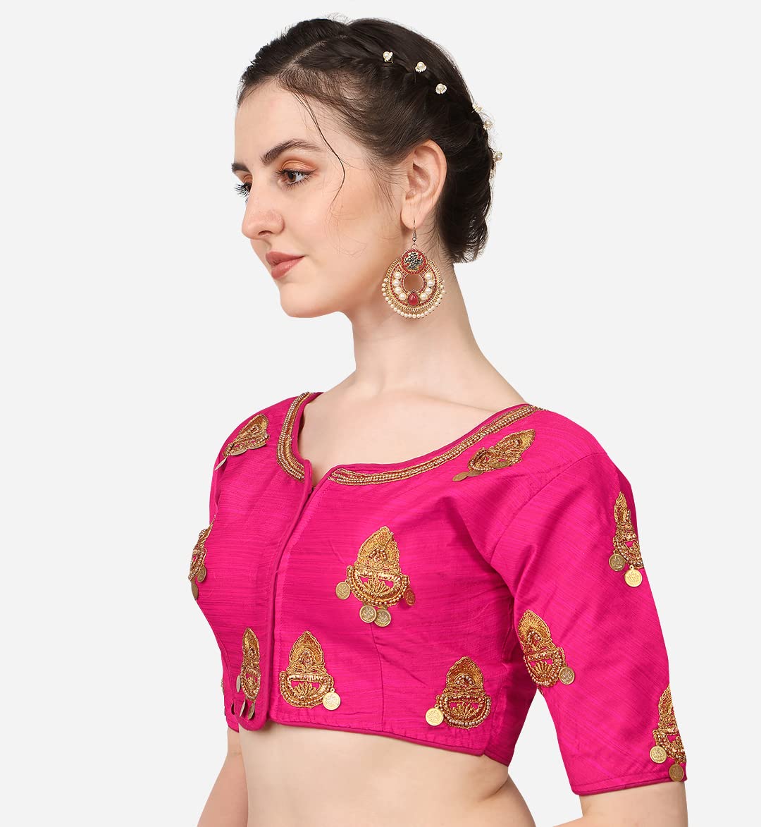 Pujia Mills WomenS Silk Embroidery Maggam Lakshmi Coin Work Readymade Saree Blouse