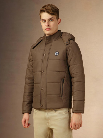 Dennis Lingo Men Charcoal Solid Regular Fit Full Sleeve Hooded Padded Jacket