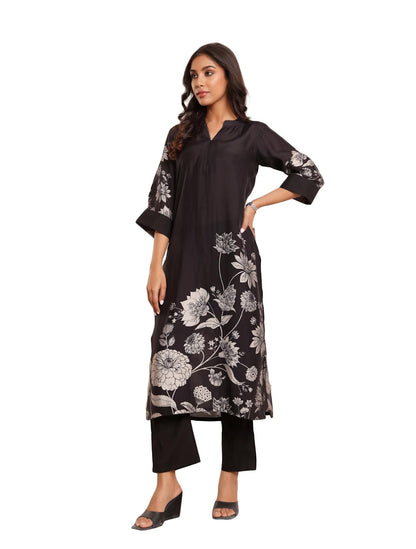 Varanga Women Black Floral Printed Kurta With Solid Trouser  Stylish And Comfortable Ethnic Set