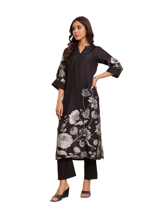 Varanga Women Black Floral Printed Kurta With Solid Trouser  Stylish And Comfortable Ethnic Set