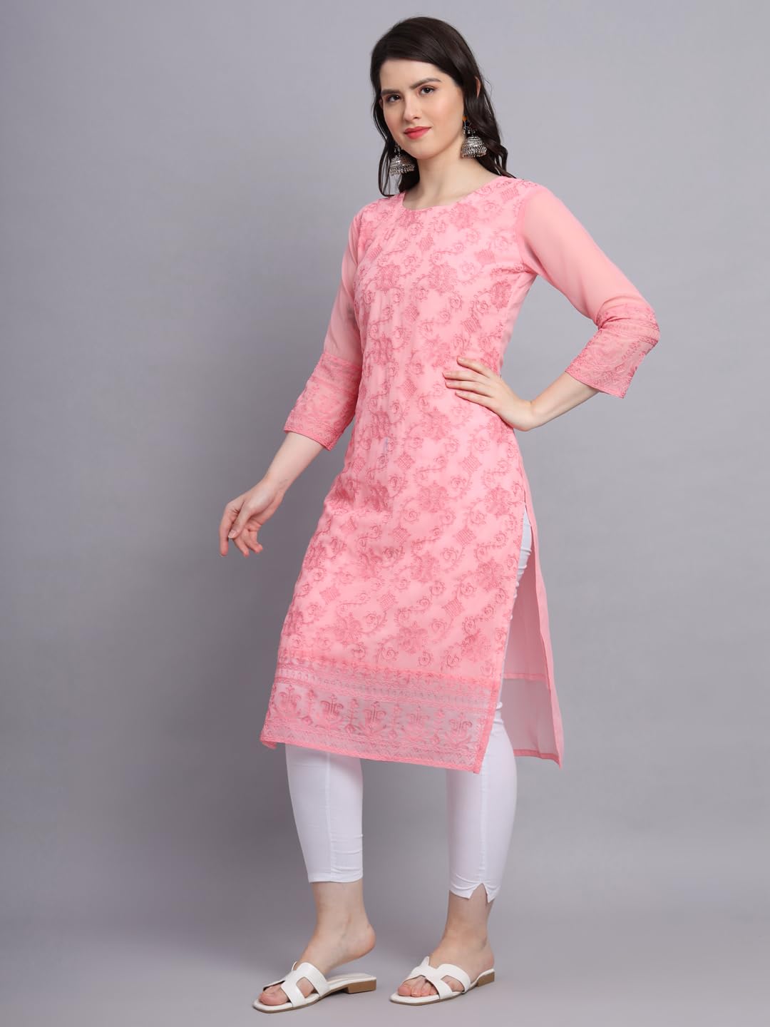 Ekasya WomenS Georgette Straight Cut Round Neck Kurta With Locknawi Chickenkari Beautiful Embroidery Work (E1604) Orange