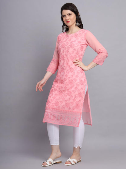 Ekasya WomenS Georgette Straight Cut Round Neck Kurta With Locknawi Chickenkari Beautiful Embroidery Work (E1604) Orange