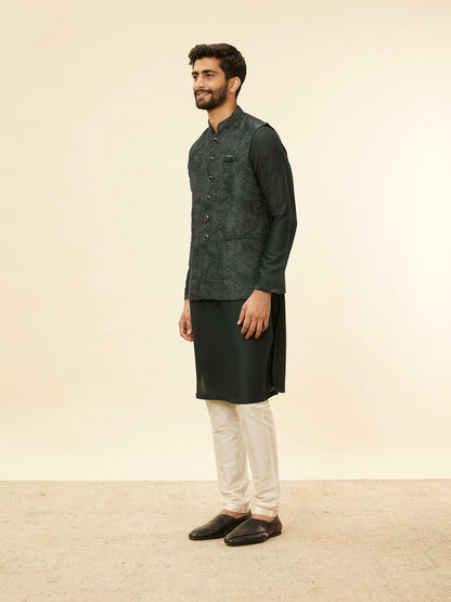 Manyavar Mens Green Blended Rayon Self Design Kurta Pyjama Jacket Set
