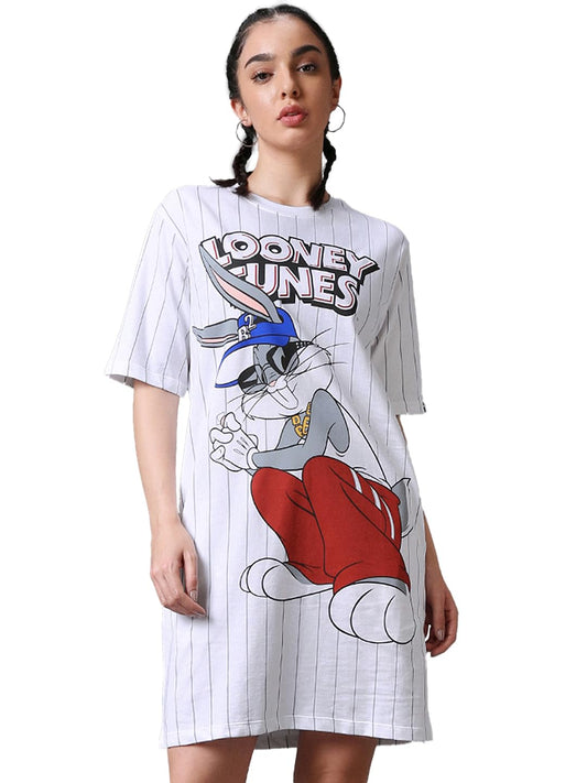 Bewakoof Heavy Duty 1.0 Official Looney Tunes Merchandise WomenS Graphic Printed Oversized Dress_589795_White_M