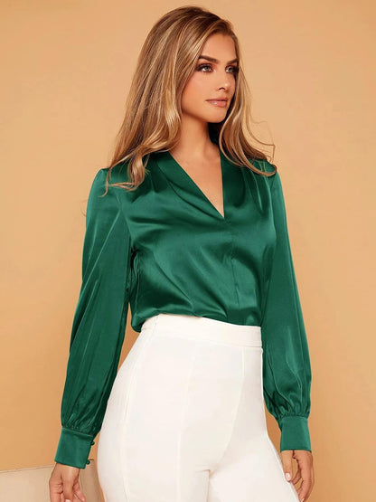 Kotty Womens Jungle Green Satin Full Sleeve Solid Top