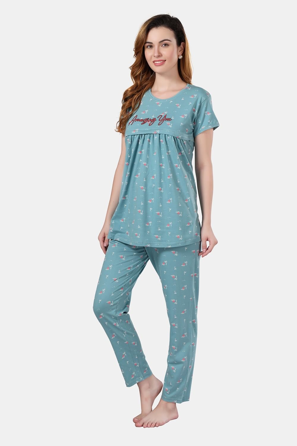 Fabme WomenS Sea Green Maternity Top And Pyjama Set