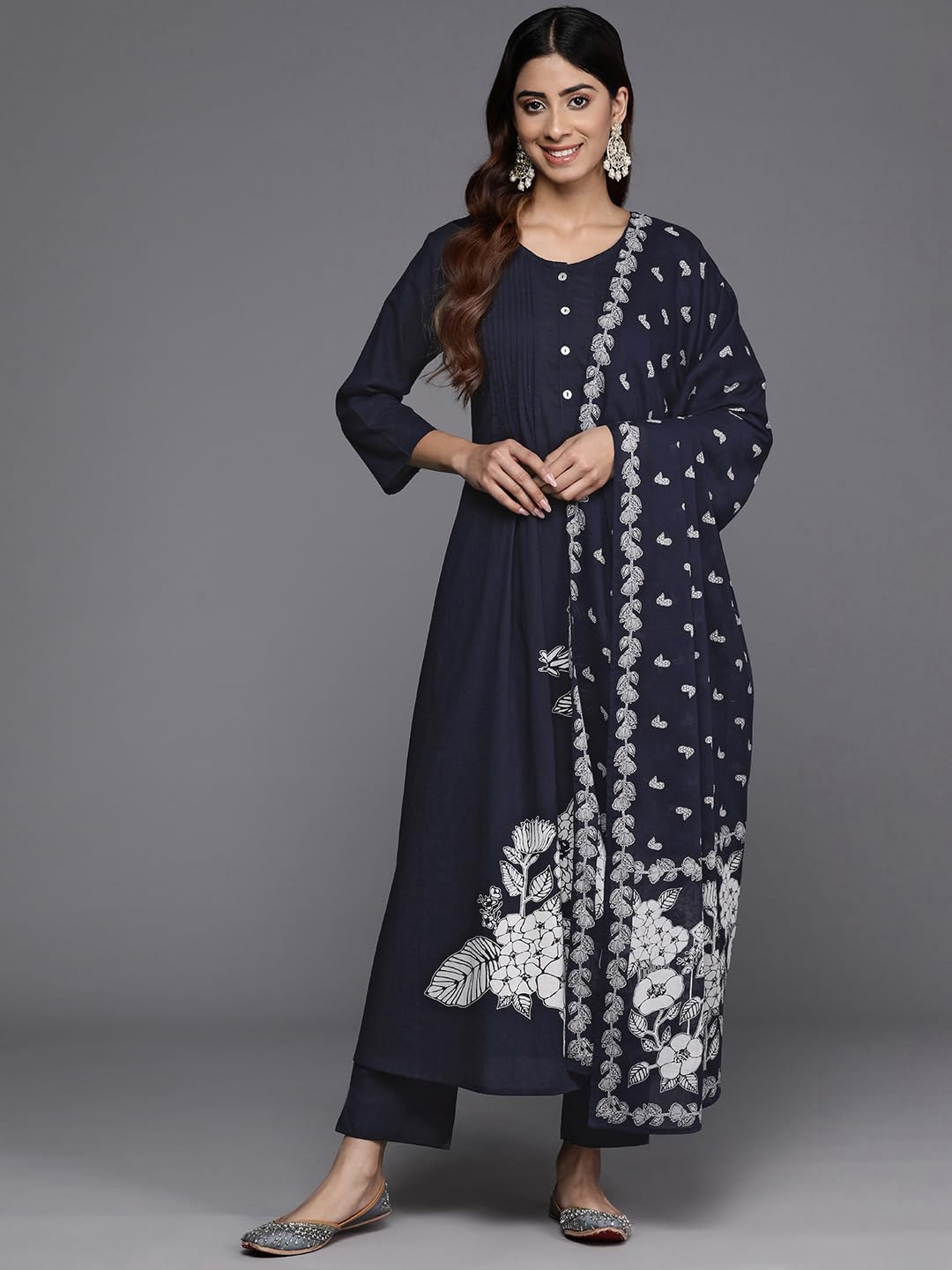 VARANGA Women Blue Floral Printed Kurta With Bottom And Dupatta