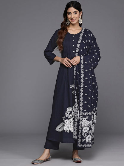VARANGA Women Blue Floral Printed Kurta With Bottom And Dupatta