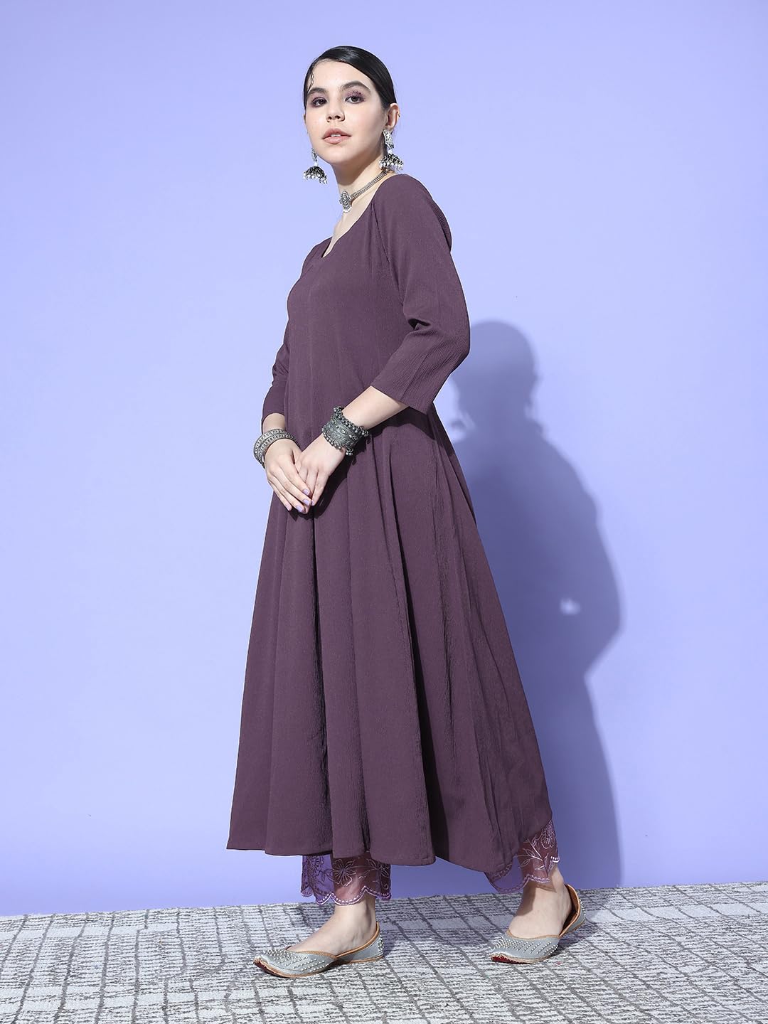Varanga Women Purple Anarkali Kurta Paired With Tonal Hem Embroidered Bottom And Floral Printed Dupatta
