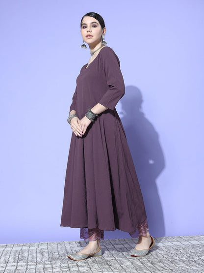 Varanga Women Purple Anarkali Kurta Paired With Tonal Hem Embroidered Bottom And Floral Printed Dupatta