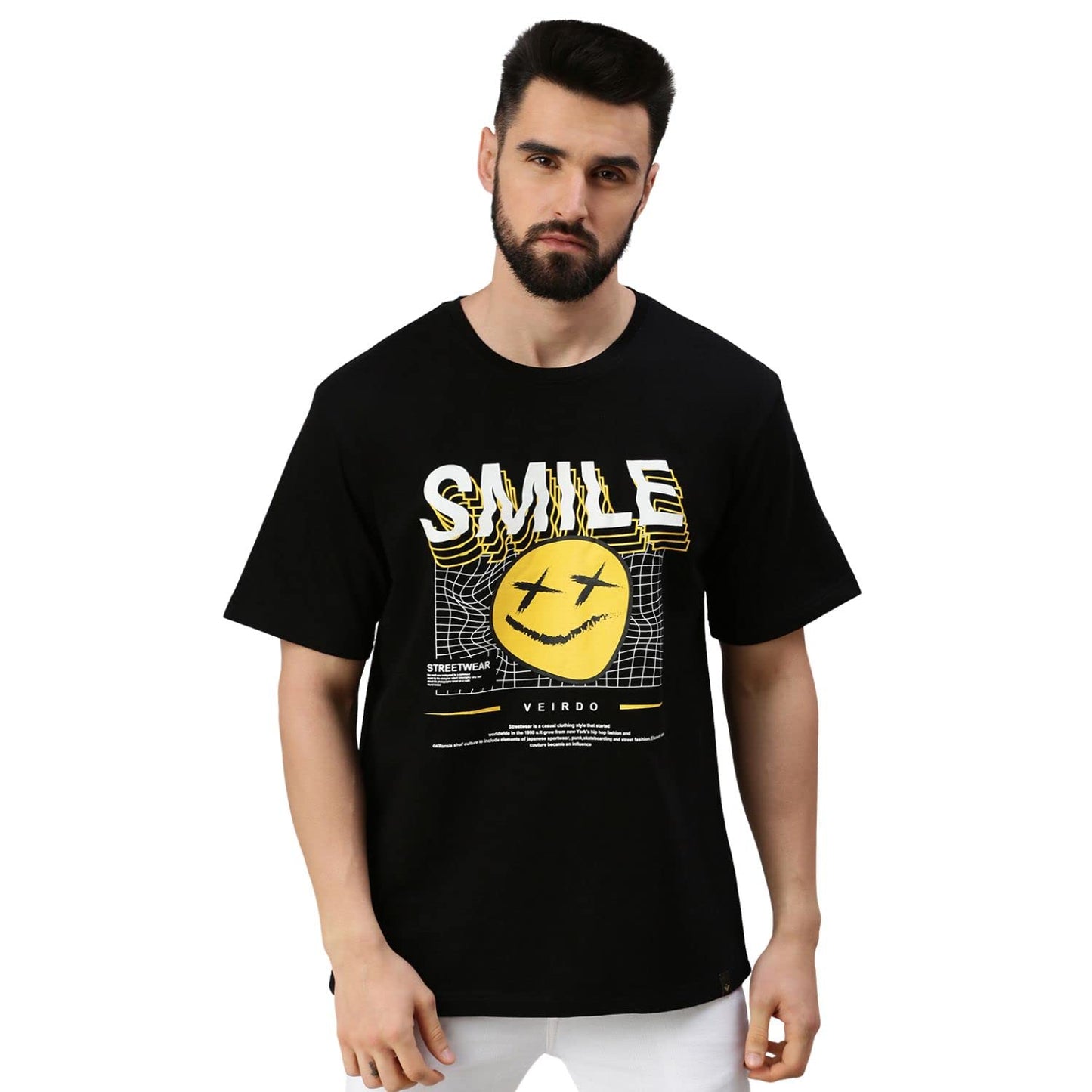 Veirdo Womens Cotton Oversized Loose Baggy Fit Round Neck Short Sleeve Smile Graphic Printed Unisex T-Shir
