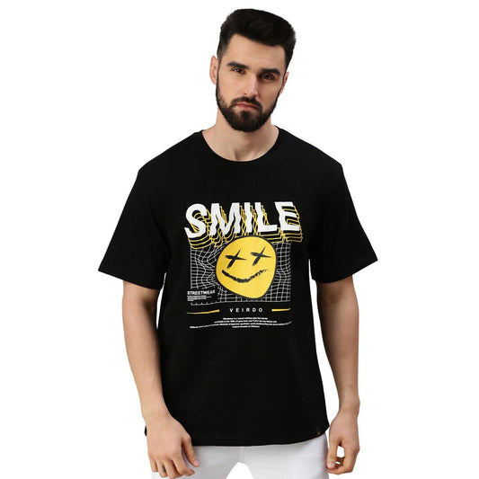 Veirdo Womens Cotton Oversized Loose Baggy Fit Round Neck Short Sleeve Smile Graphic Printed Unisex T-Shir