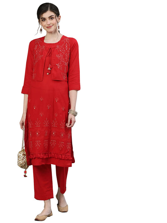 ishin Women's Pure Cotton Red Embroidered Straight Kurta suit set with Pants
