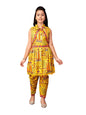 Aarika Girls Ethnic Wear Yellow Colour Abstract Print Crepe Kurti Patiala Set With Jacket (4-13 Years)