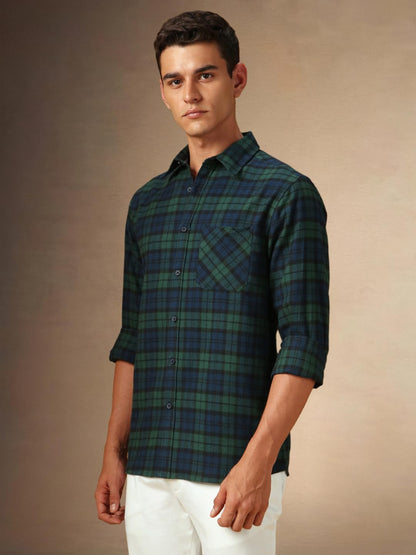 Dennis Lingo Men Flannel Check 100% Cotton Relaxed Fit Full Sleeves Shirts Teal