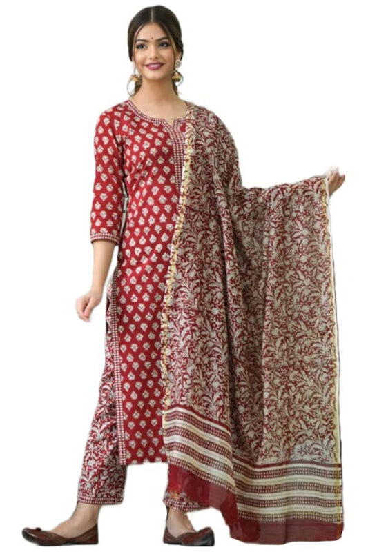 ANNI DESIGNER Women's Cotton Blend Floral Printed Straight Kurta with Pants & Dupatta (Tasya)