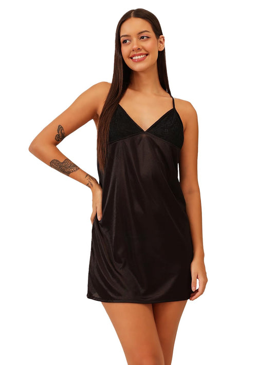 Clovia Womens Satin Solid Above The Knee Babydoll (Black_L_NS1031P13-L_Black_Large)