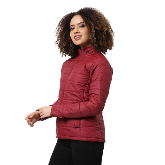 Campus Sutra Womens Red Puffer Regular Fit Bomber Jacket For Winter Wear | Low-Cut Standing Collar | Full Sleeve | Zipper | Cas