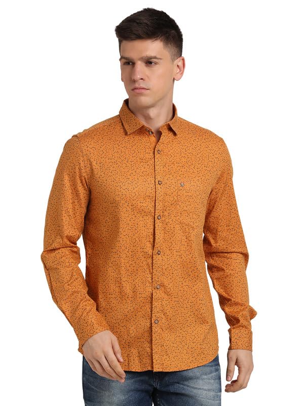 Turtle Men Mustard Cotton Printed Slim Fit Casual Shirts