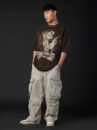 The Souled Store Popeye: Wings Men and Boys Short Sleeves Round Neck Brown Graphic Printed Cotton Oversized Heavy Gauge Fabric D