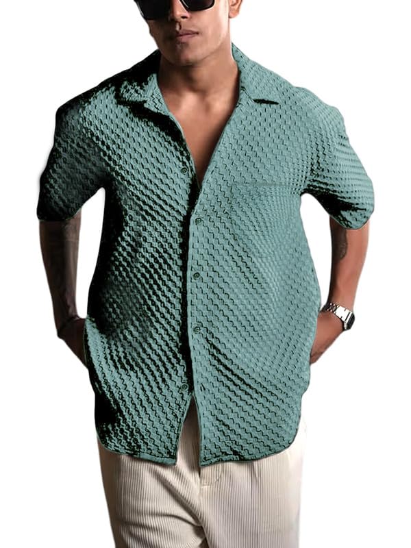 Pinkmint Bubble Textured Shirt for Men ll Half Sleeve Stylish Button Down Shirts ll Mens Pocket Shirt (Pack of 1) Mint