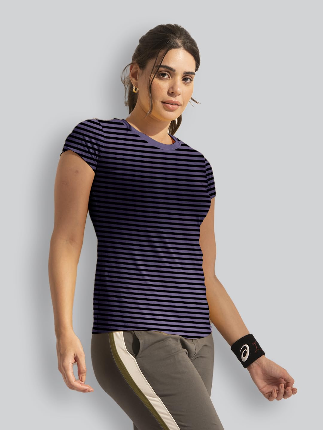 Lyra WomenS Printed Striper Round Neck Regular Fit Cotton T-Shirt