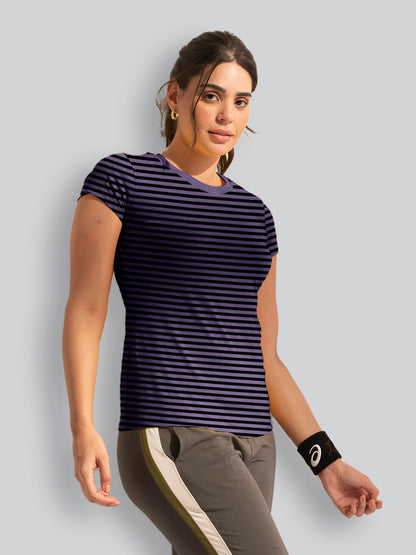 Lyra WomenS Printed Striper Round Neck Regular Fit Cotton T-Shirt