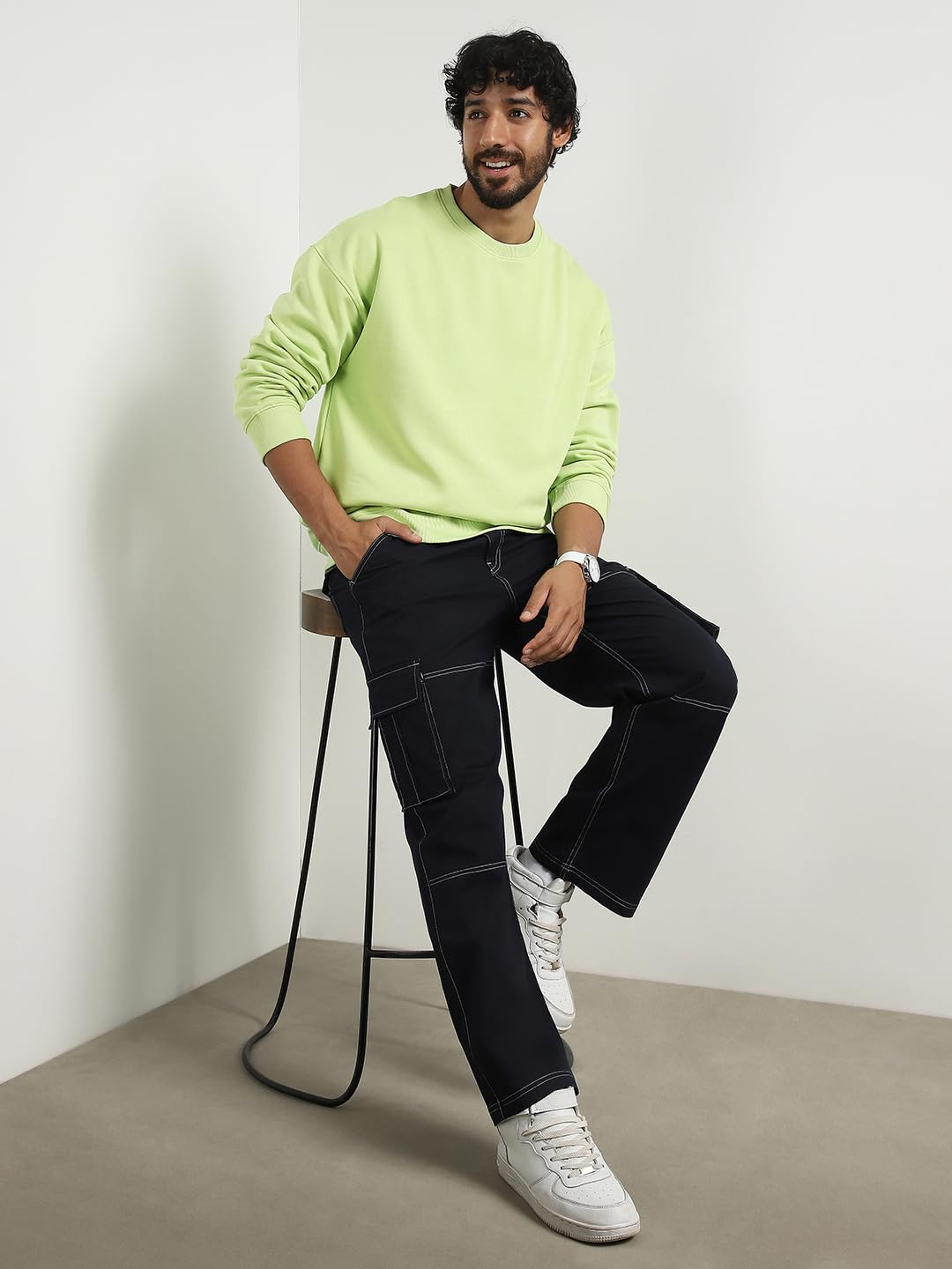 Nobero MenS Cotton Blend Crew Neck Sweatshirt (1M-Twss-R0005_Cool Matcha