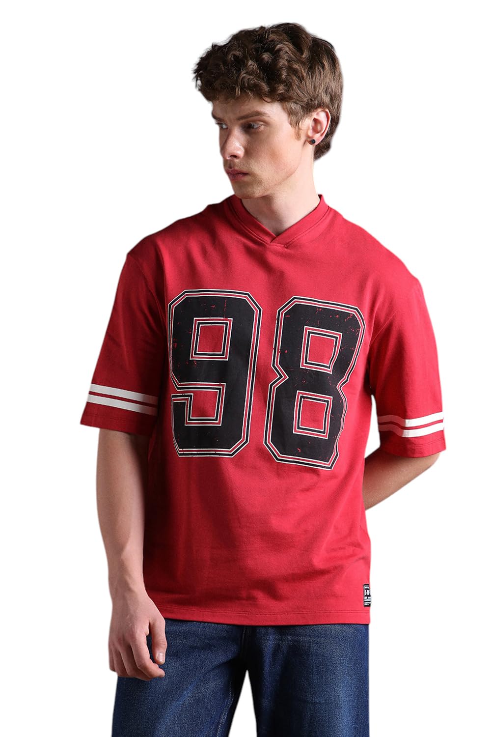 Hubberholme Men Printed Oversized V-Neck Half Sleeves Tshirts 39 Red