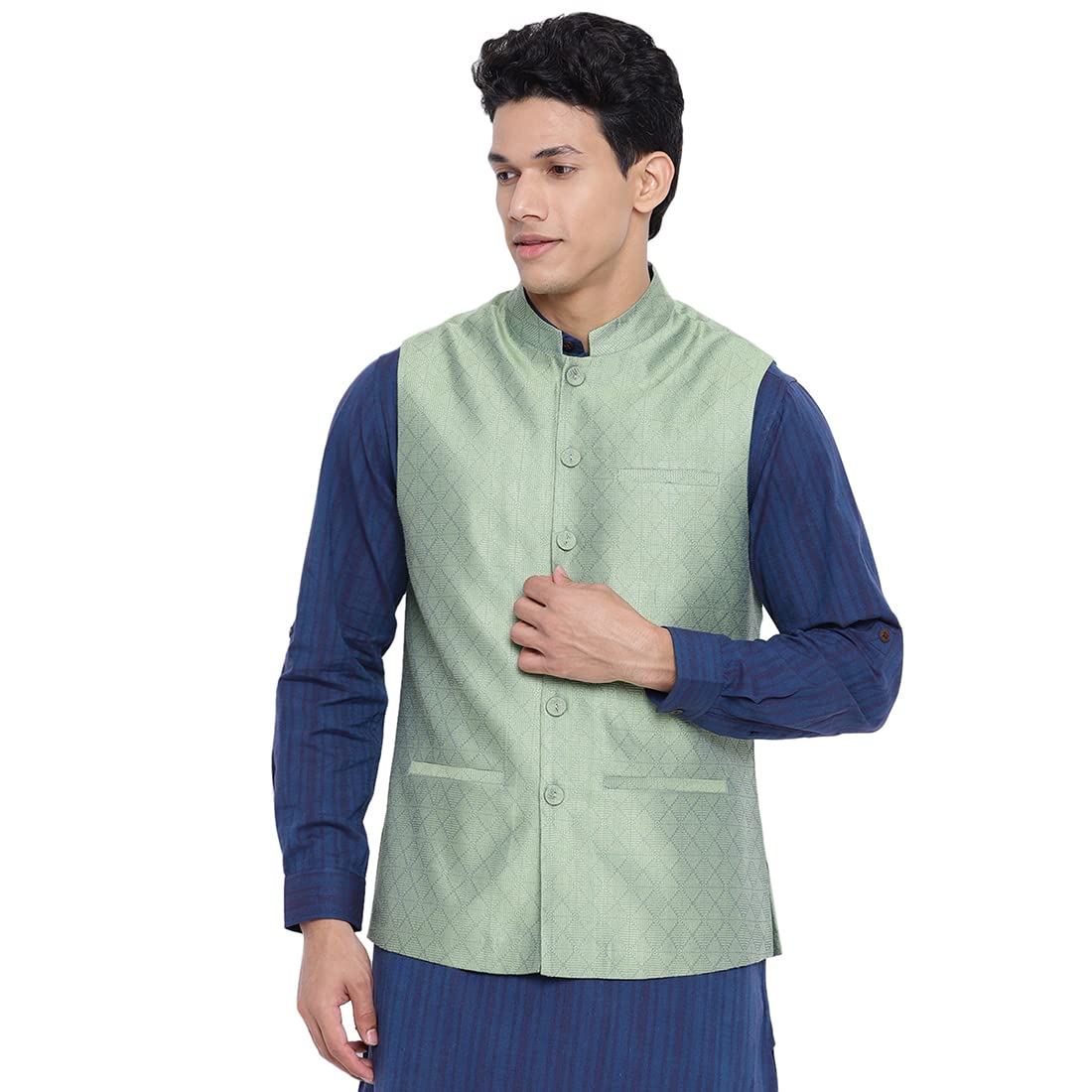 Fabindia Men Viscose Silk Chinese Collar Nehru Jacket Green_S