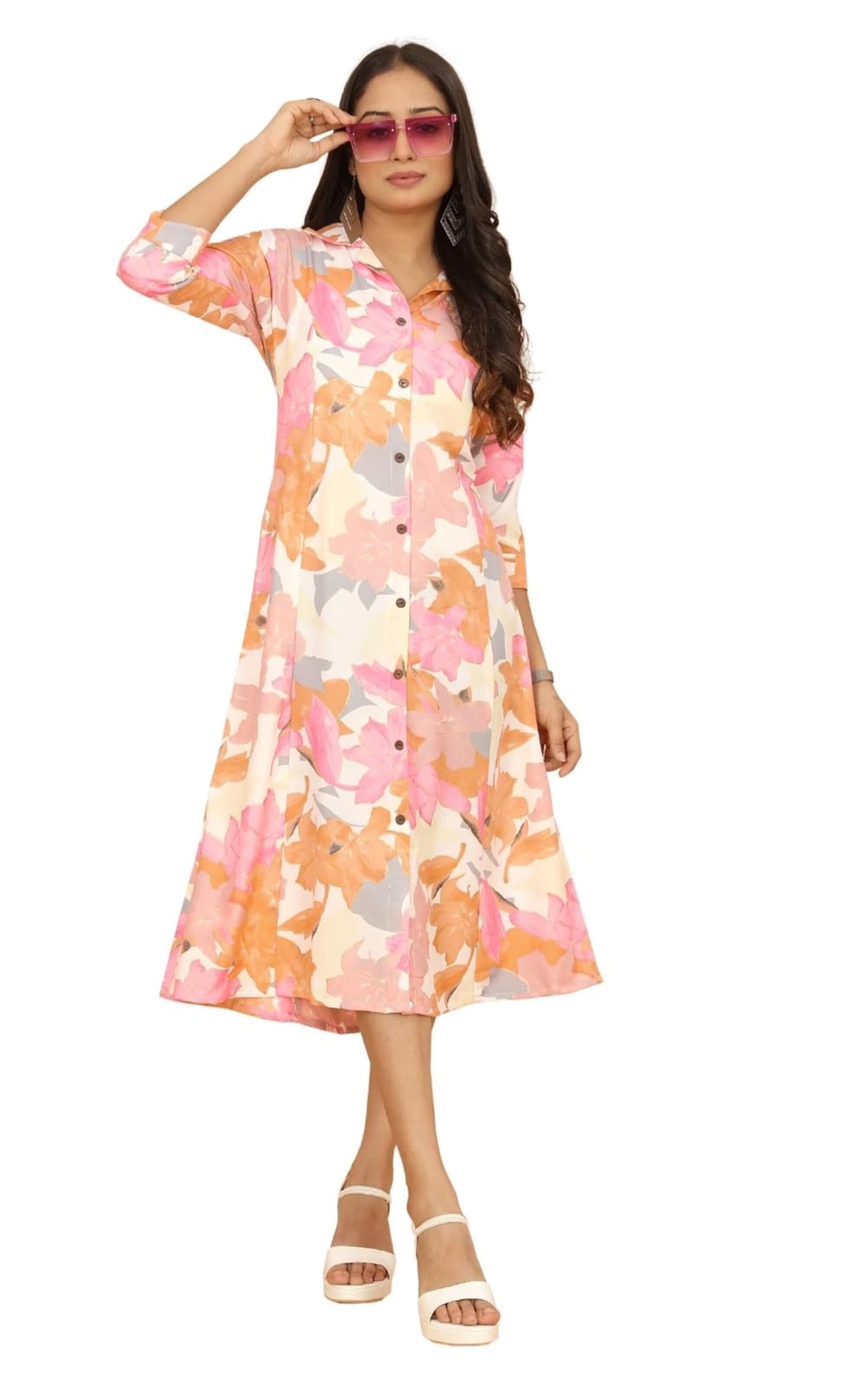 Kesudi A Line Dresses For Women Western Latest - Rayon Floral One Piece Dress For Women Long | Stylish Flared Shirt Knee Length