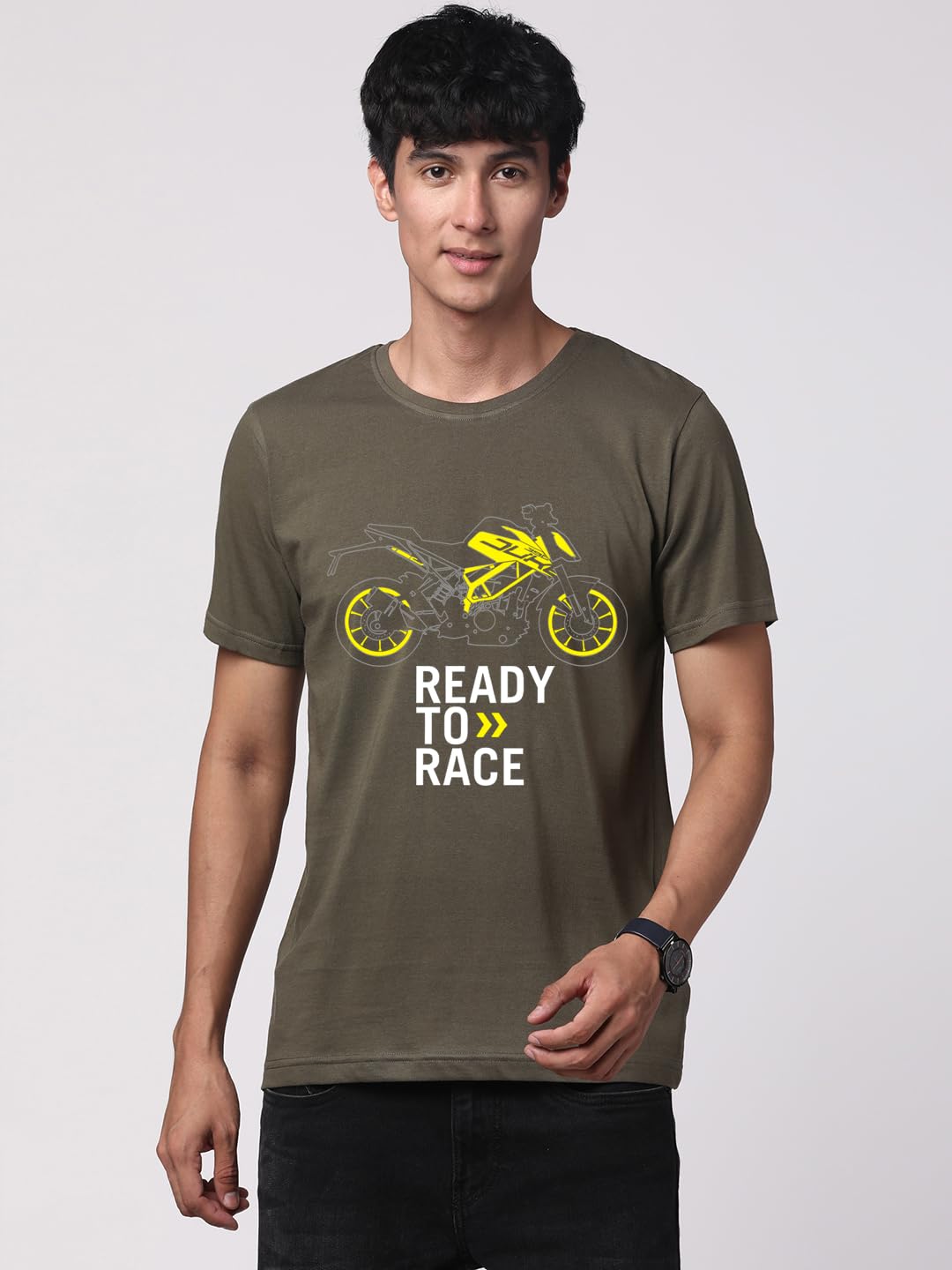 ADRO Men's Biker Design Printed 100% Cotton T-Shirt - Regular Fit, Printed T-Shirts for Men (RN24-KTM-OL_Olive)