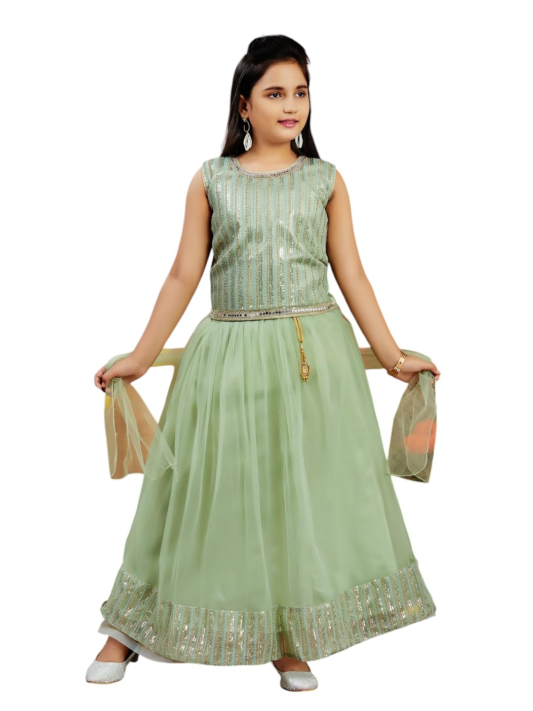 Aarika Girls Ethnic Wear Green Colour Sequin Embroidery Net Lehenga Choli Set (4-10 Years)