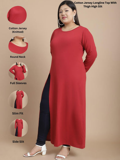 Rigo Cotton Plus Size Maxi Top For Women | Front Slit, Full Sleeve, Round Neck Maxi Top For Women | Longline Stylish Tops For Wo