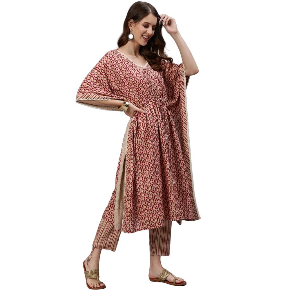 anubhutee Women's Printed Sequinned Kaftan Cotton A-Line Kurta Suit Set with Pants