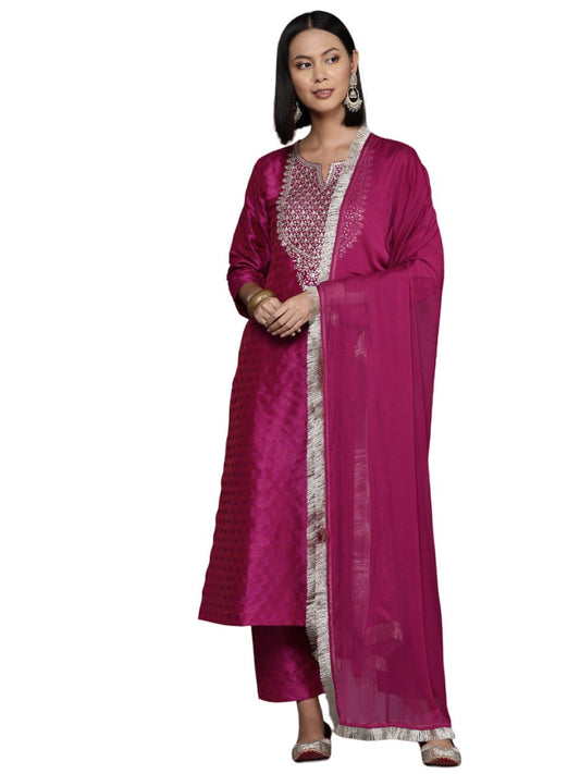Varanga Women Pink Embroidered Straight Kurta Paired with Tonal Bottom and Dupatta