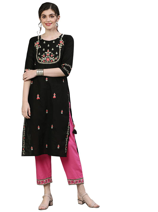 ishin Women's Cotton Straight Embroidered Thread Work Floral Print Black Kurti