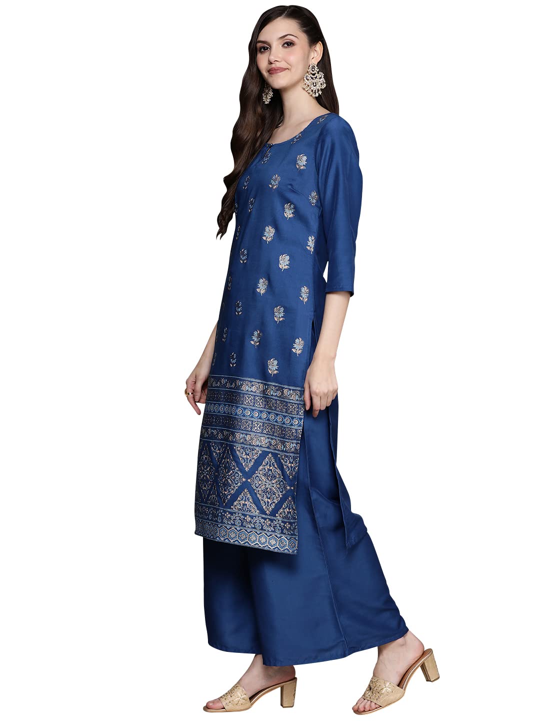ZIYAA Women's Teal Chinon Straight Kurta And Palazzo Set(ZIKUCH3852ANDPL)