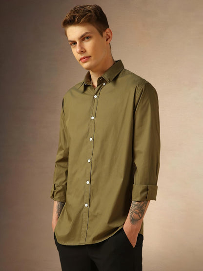 Dennis Lingo MenS Lt Olive Full Sleeve Spread Collar Solid Regular Fit Casual Shirt