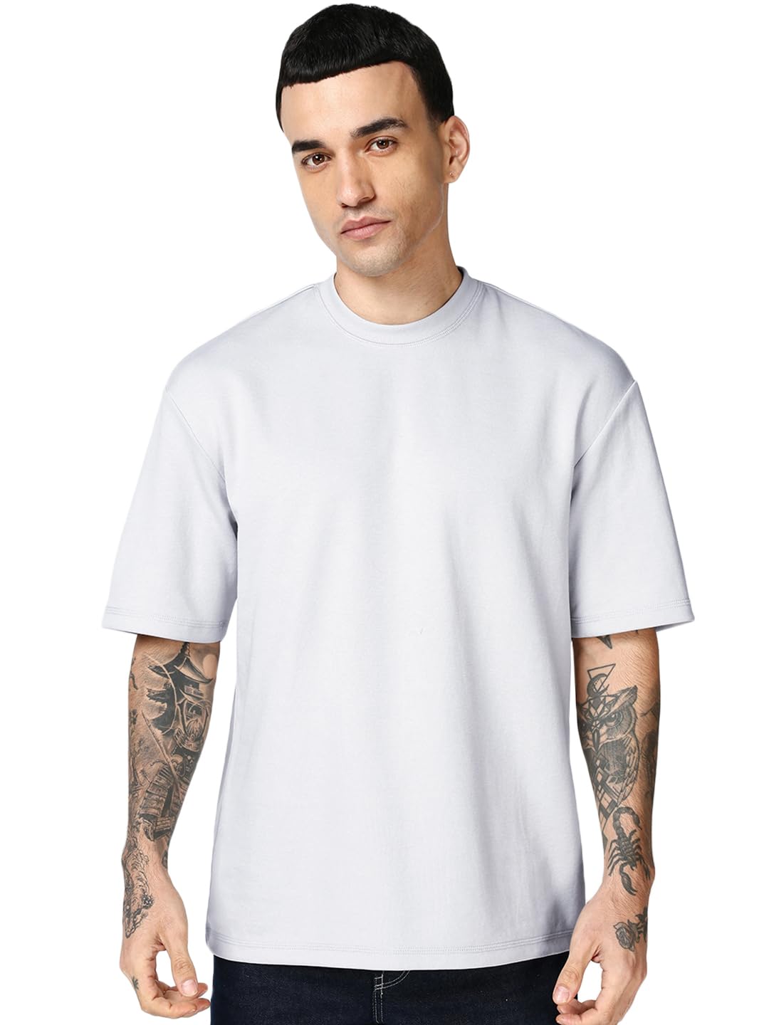 Bewakoof MenS Solid Oversized Fit Half Sleeve Round Neck Polycotton T-Shirt_687625_Grey_Xl