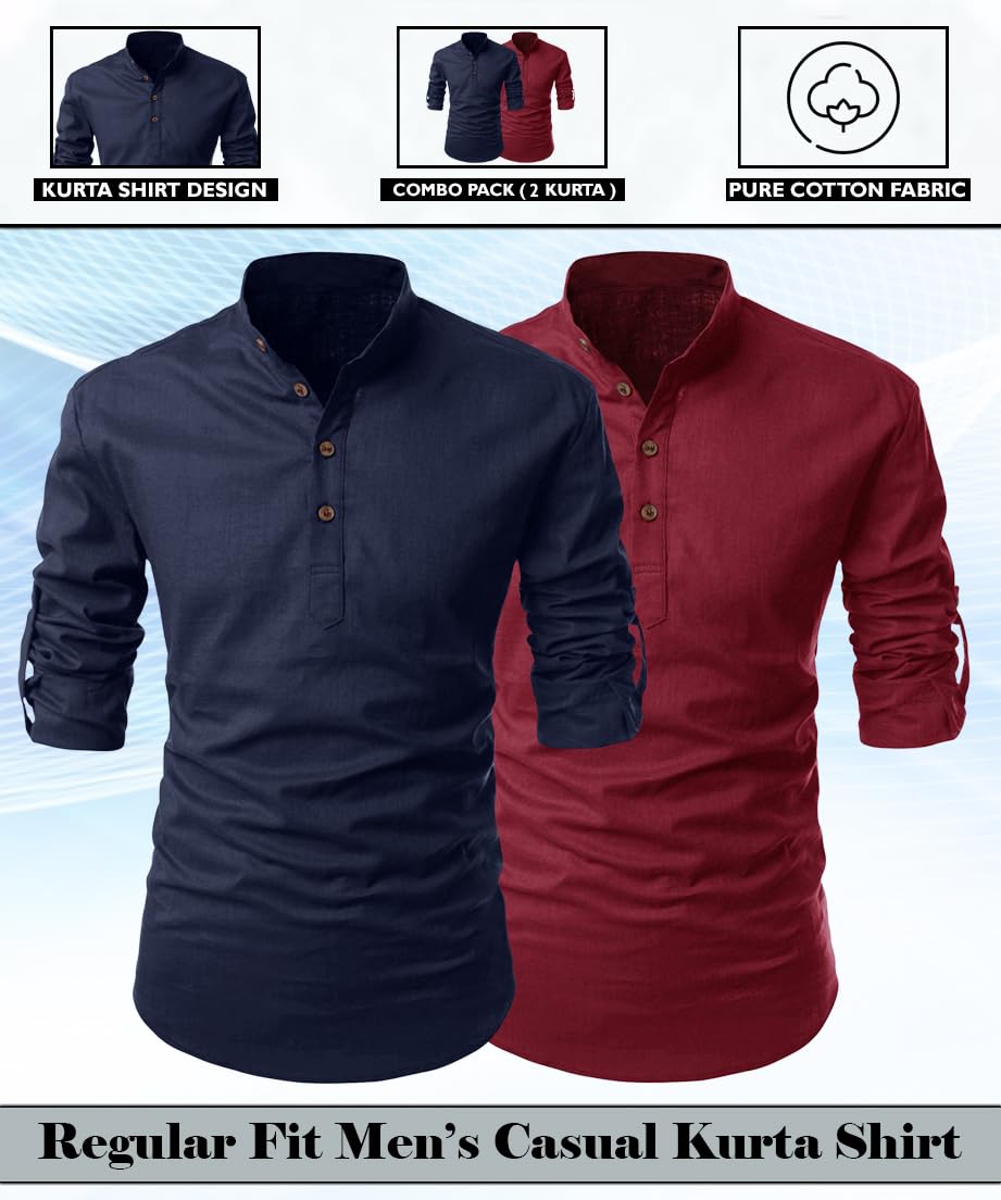 Finivo Fashion Combo Of MenS Regular Fit Cotton Blend Solid Full Sleeves Kurta | Short Kurta For Men (Pack Of 2)