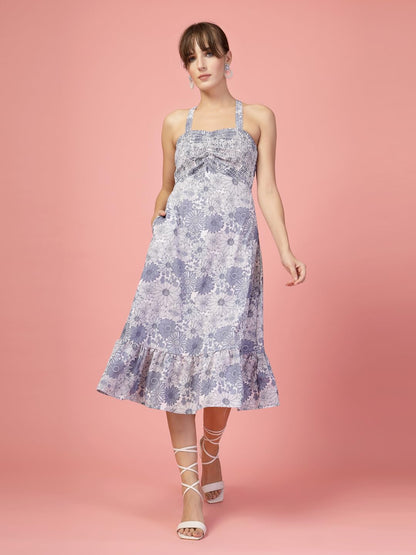 Oomph! WomenS Western & Fusion Wear Printed Crepe Dress For Women, Smocked Bodice, Blue - Md1059