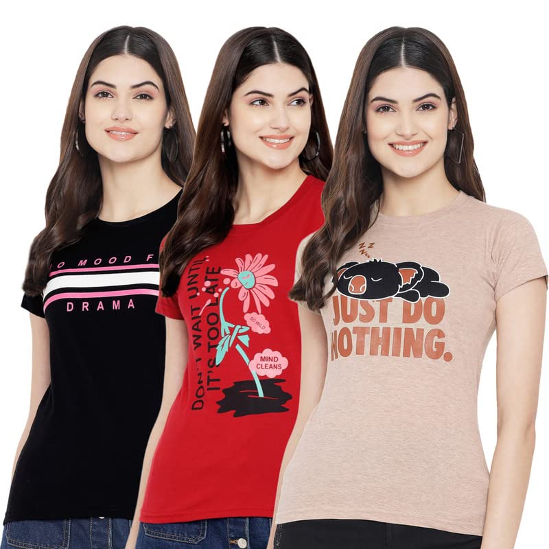 Preneum Womens Cotton Regular Fit Latest Graphic Stylish Printed Short Sleeves Casual T-Shirt || Latest Trending Style (Pack 3)